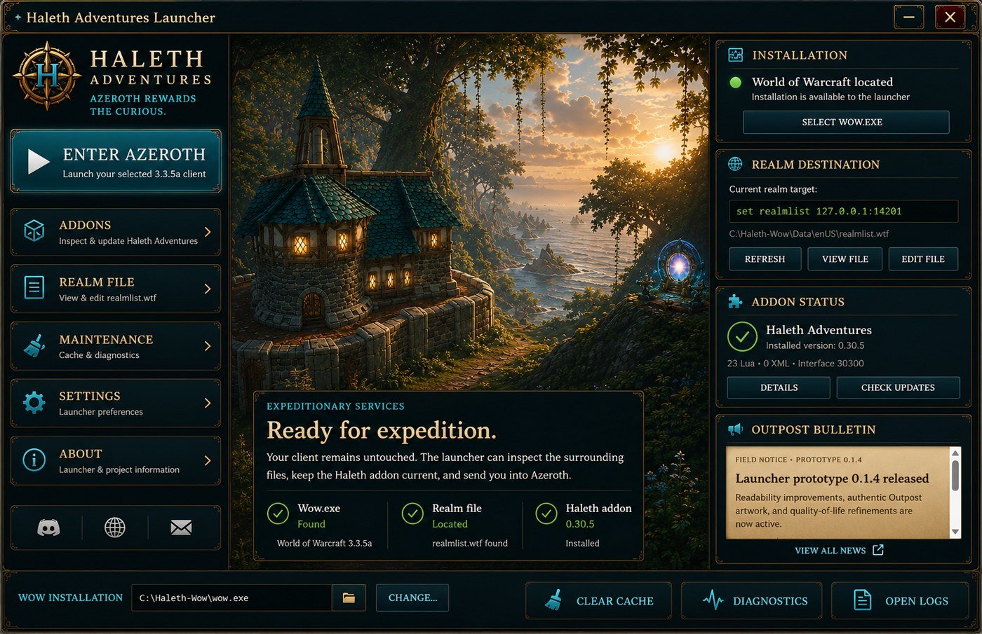 Haleth Adventures Launcher showing the expeditionary interface, outpost artwork, addon status, realm file tools, and launcher controls